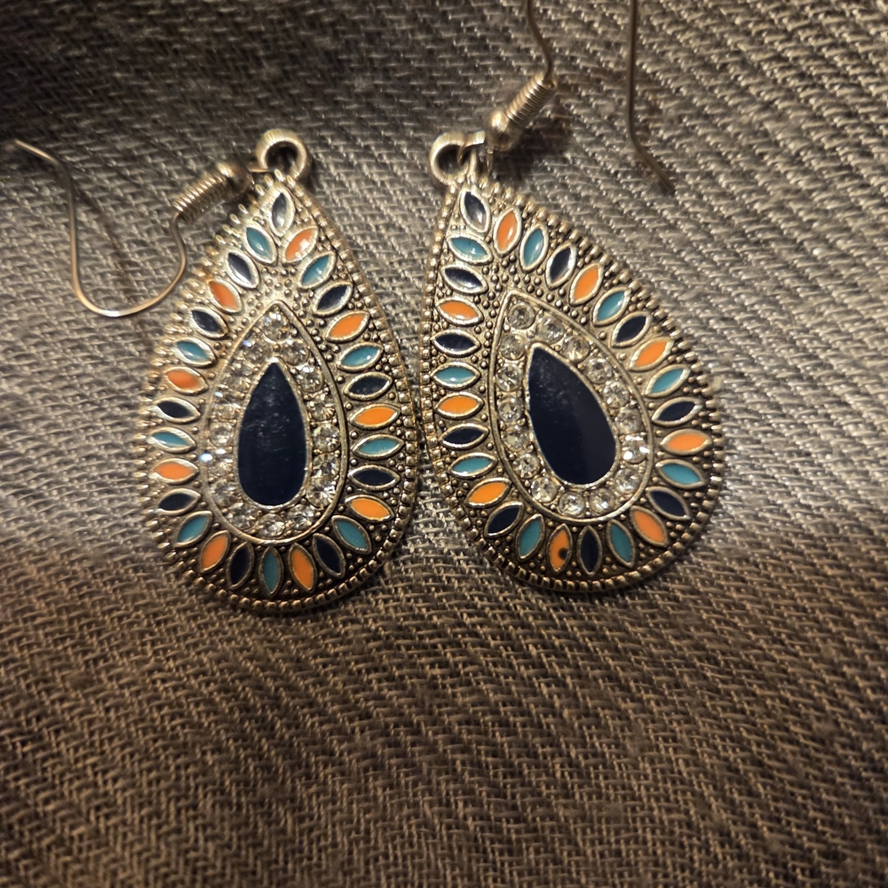 Elegant Teardrop Earrings with Blue and Orange Accents
